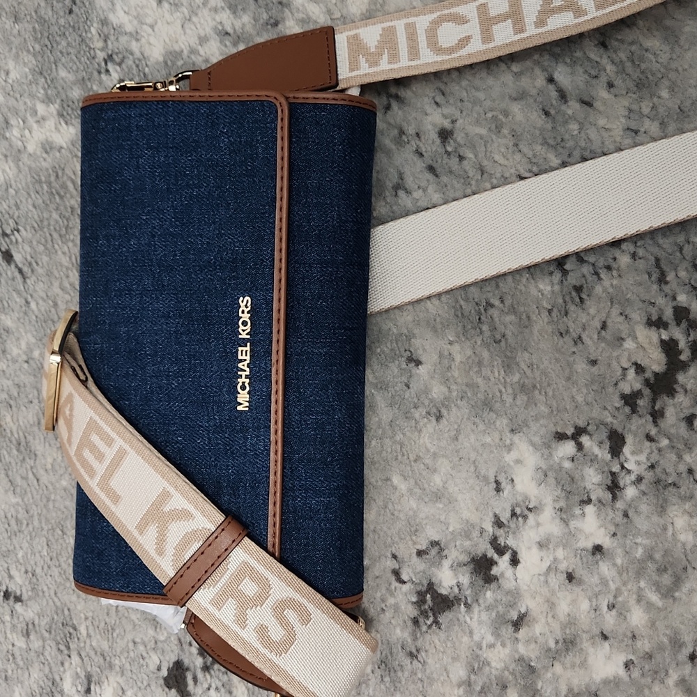 NWT Michael Kors Blue and Brown Large ZA Wallet Xbody Bag